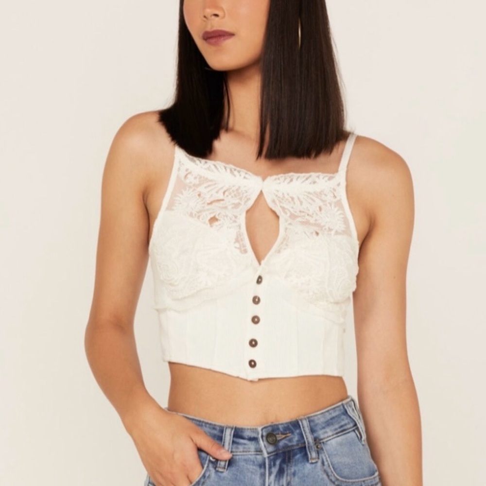 Free People Have My Heart Cropped Lace Tank Ivory Boho Crop Top XS/S - Picture 3 of 16